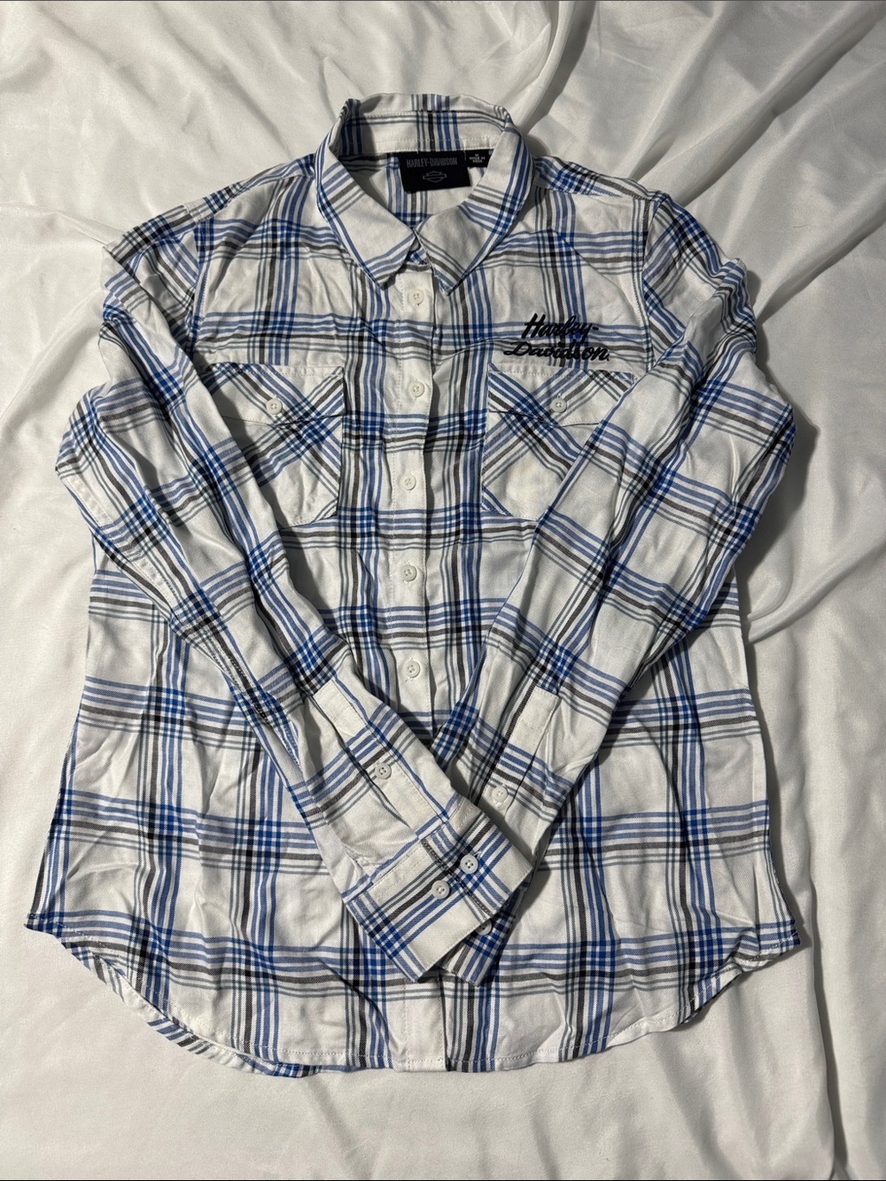 Harley-Davidson Plaid Button Down Shirt Rose Embroidered Back Women’s M Western